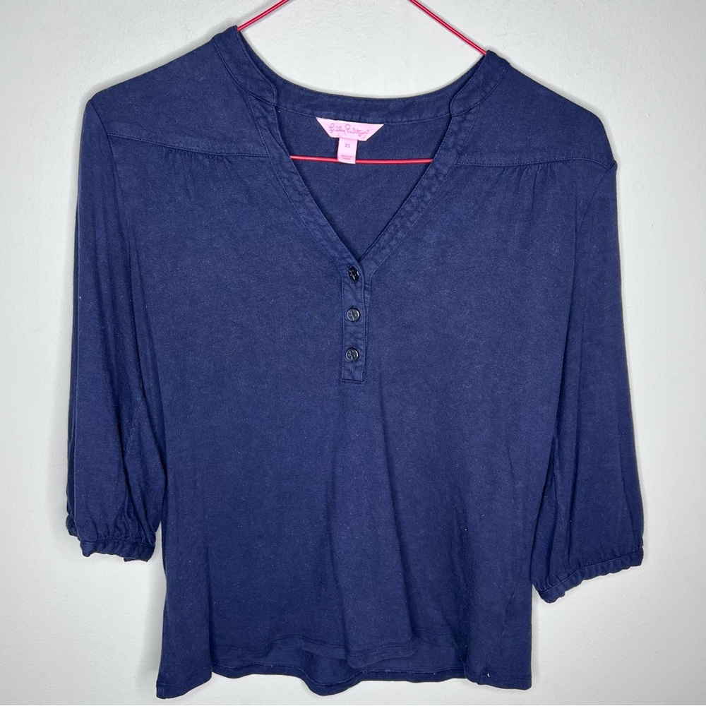 Lilly Pulitzer Lilias Womens Rayon Navy Blue Long Sleeve V Neck Flowy Tunic M19